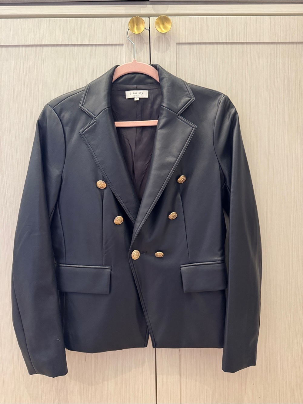 Black Double-Breasted Leather Blazer with Gold Buttons